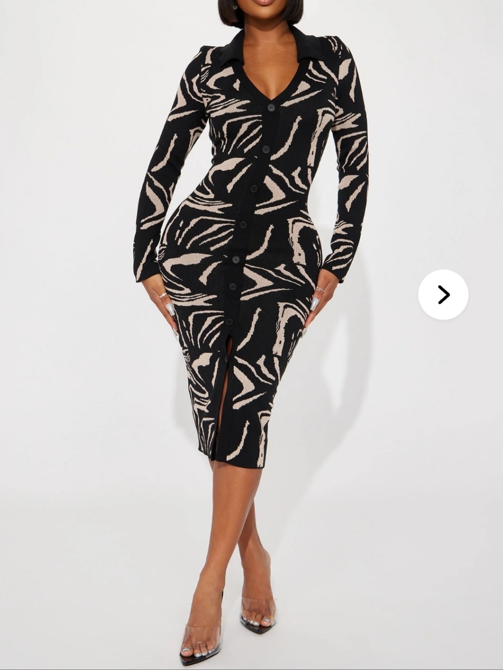 Black & Beige Patterned Button-Front Women's Dress